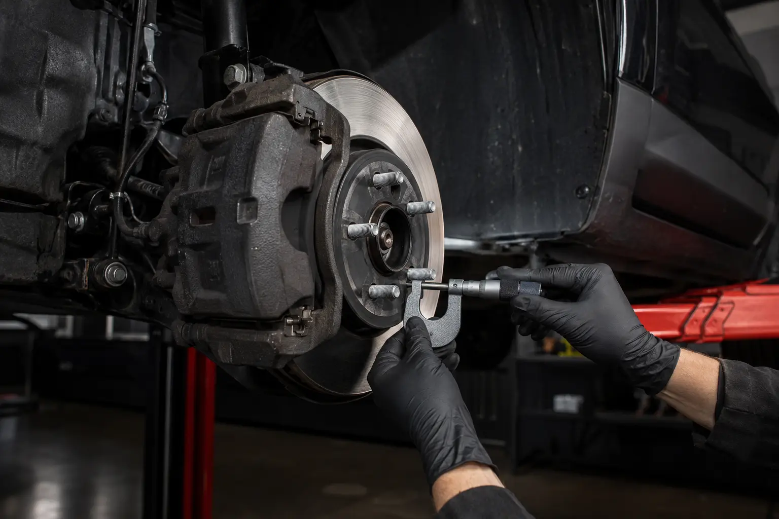 Brake assembly being serviced