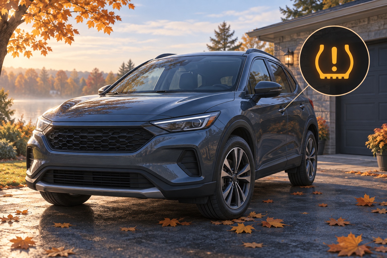 AI-generated illustration of a blue crossover on an autumn driveway with an amber tire-pressure warning symbol.