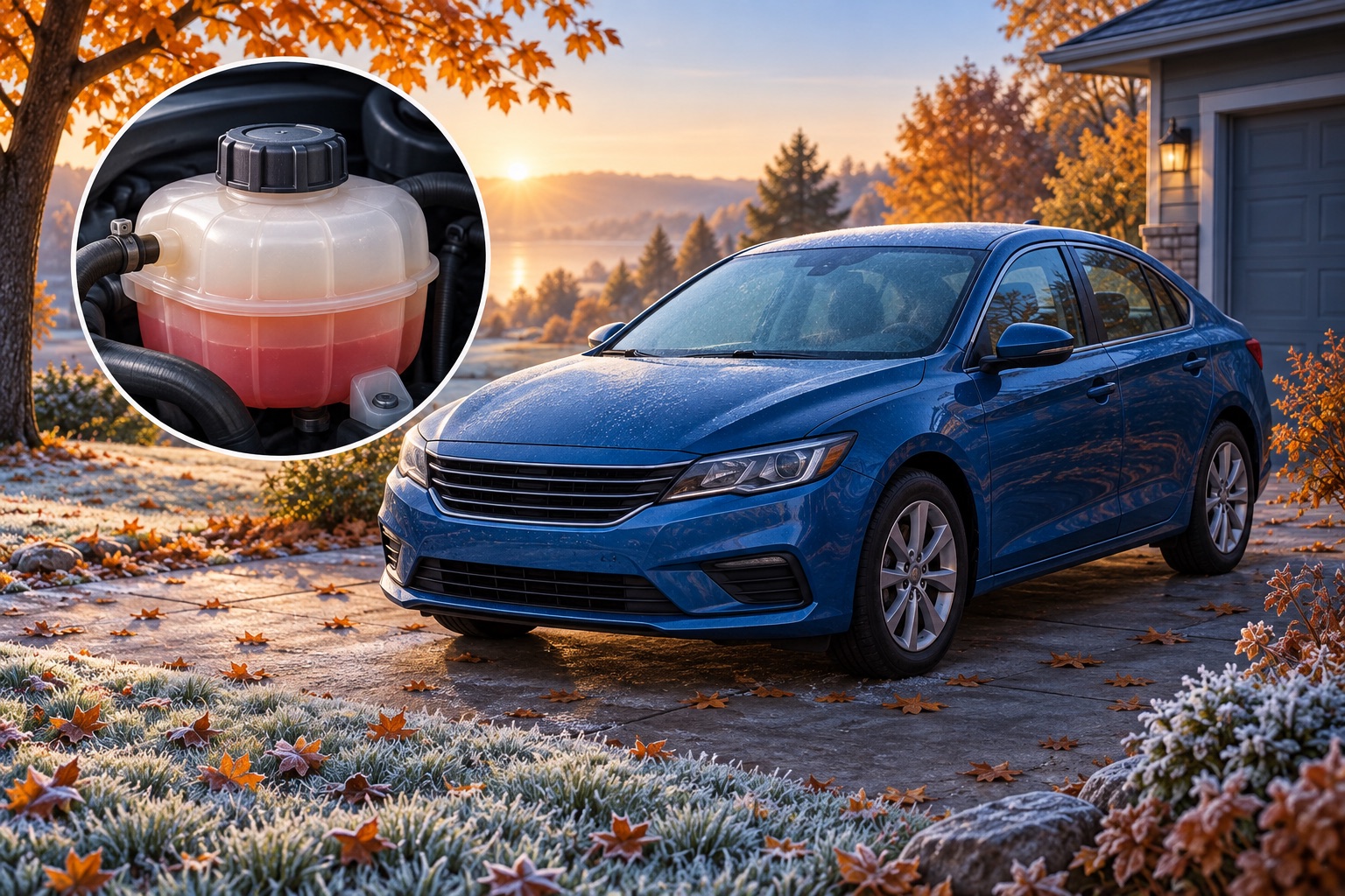 AI-generated illustration of a blue car on a frosty autumn driveway with an inset showing a sealed coolant reservoir.