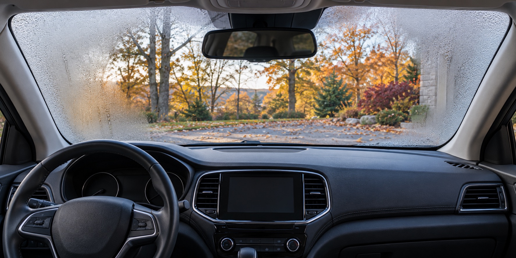 AI-generated illustration of condensation around a parked car windshield; not a real customer vehicle.