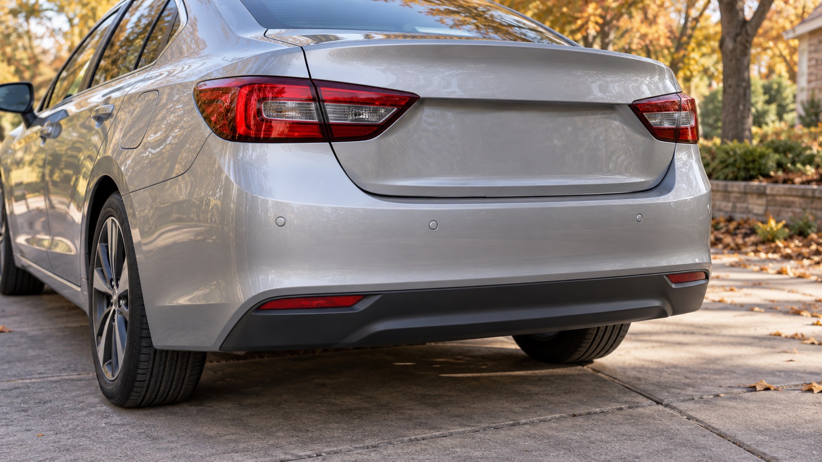 AI-generated illustration of a generic silver car with round rear parking sensors.