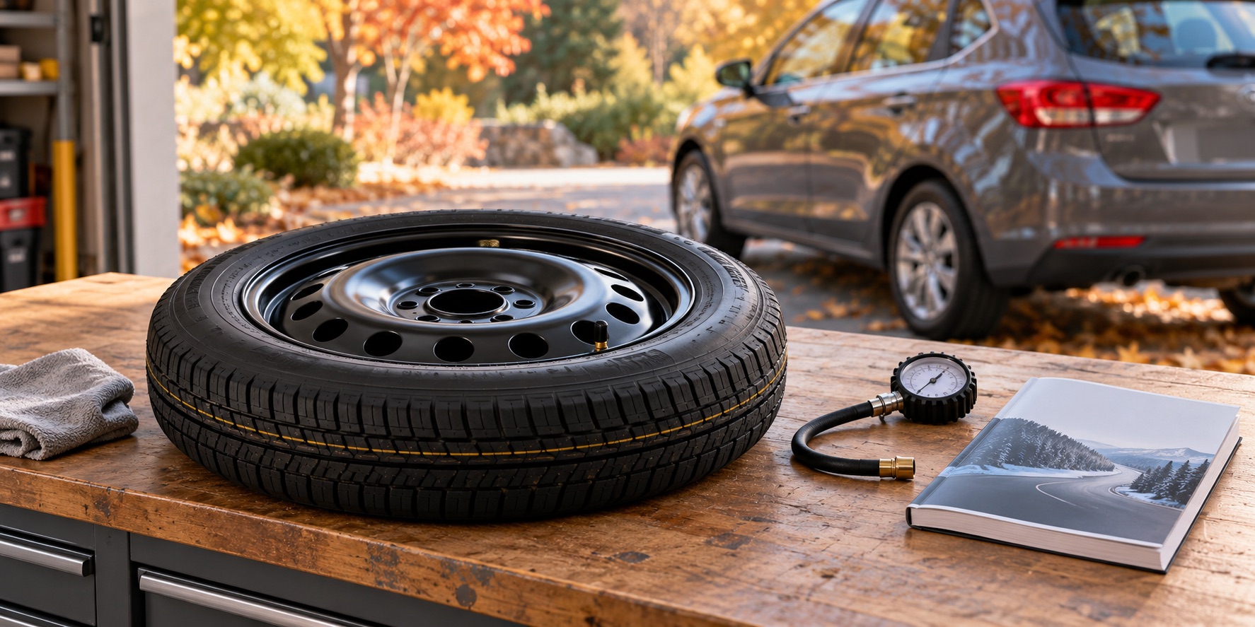 AI-generated illustration of a generic spare wheel, pressure gauge and handbook on a workbench.