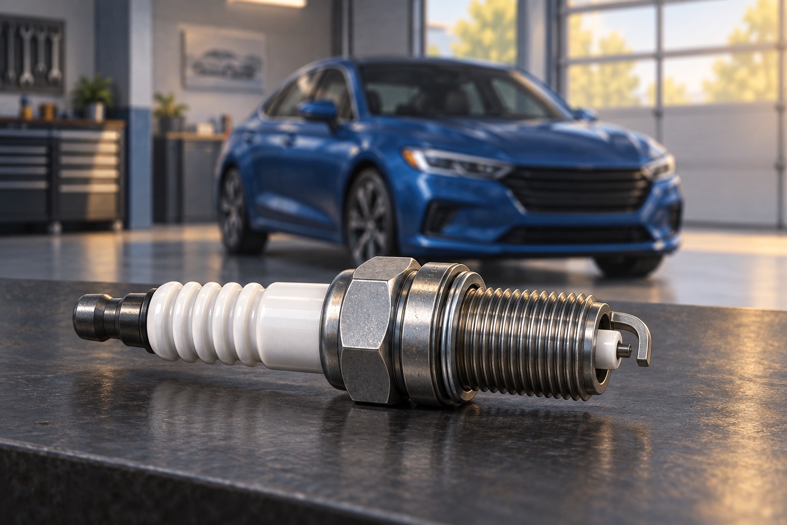 AI-generated illustration of a spark plug on a bench with a blue car in a generic garage.