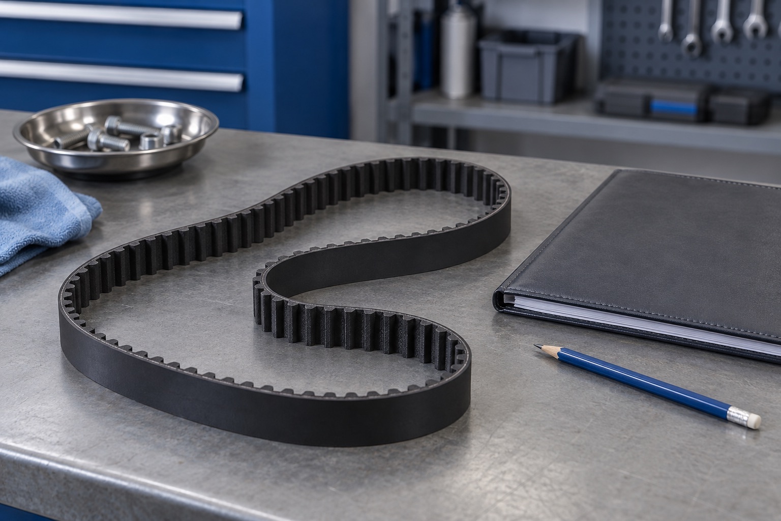 AI-generated illustration of a generic toothed timing belt beside a service-record folder.