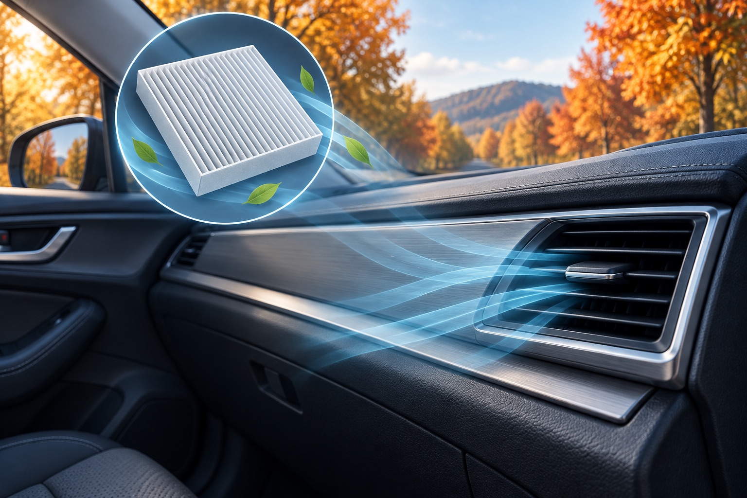 AI-generated illustration of a car dashboard vent with blue airflow ribbons and a conceptual cabin filter inset.