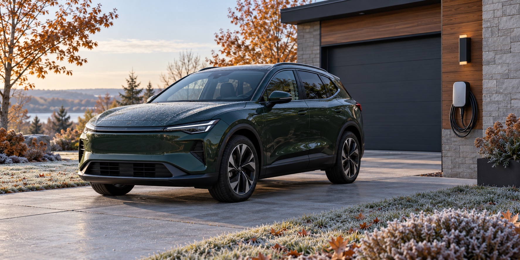 AI-generated illustration of a generic electric crossover parked near a home charger on a frosty autumn morning.