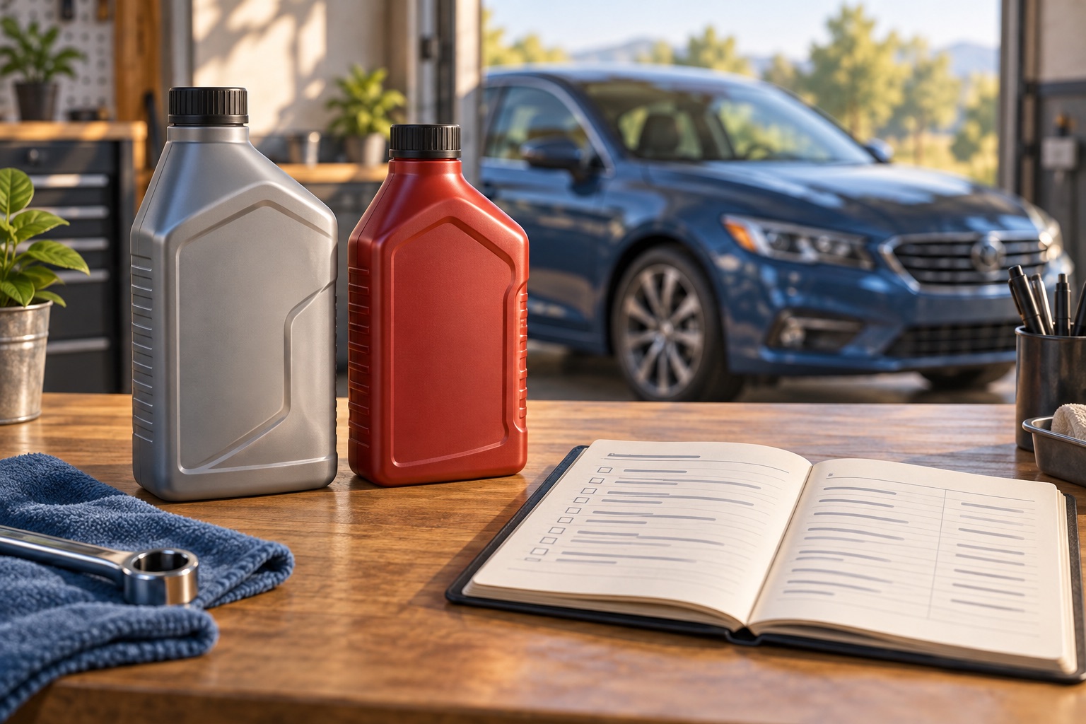 AI-generated conceptual illustration of sealed fluid bottles and maintenance records beside a parked car.