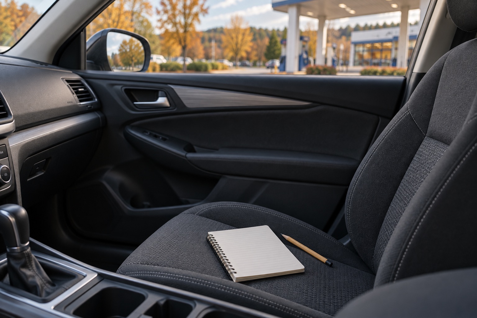 AI-generated illustration of a notebook and pencil in a parked car near a generic fuel station.