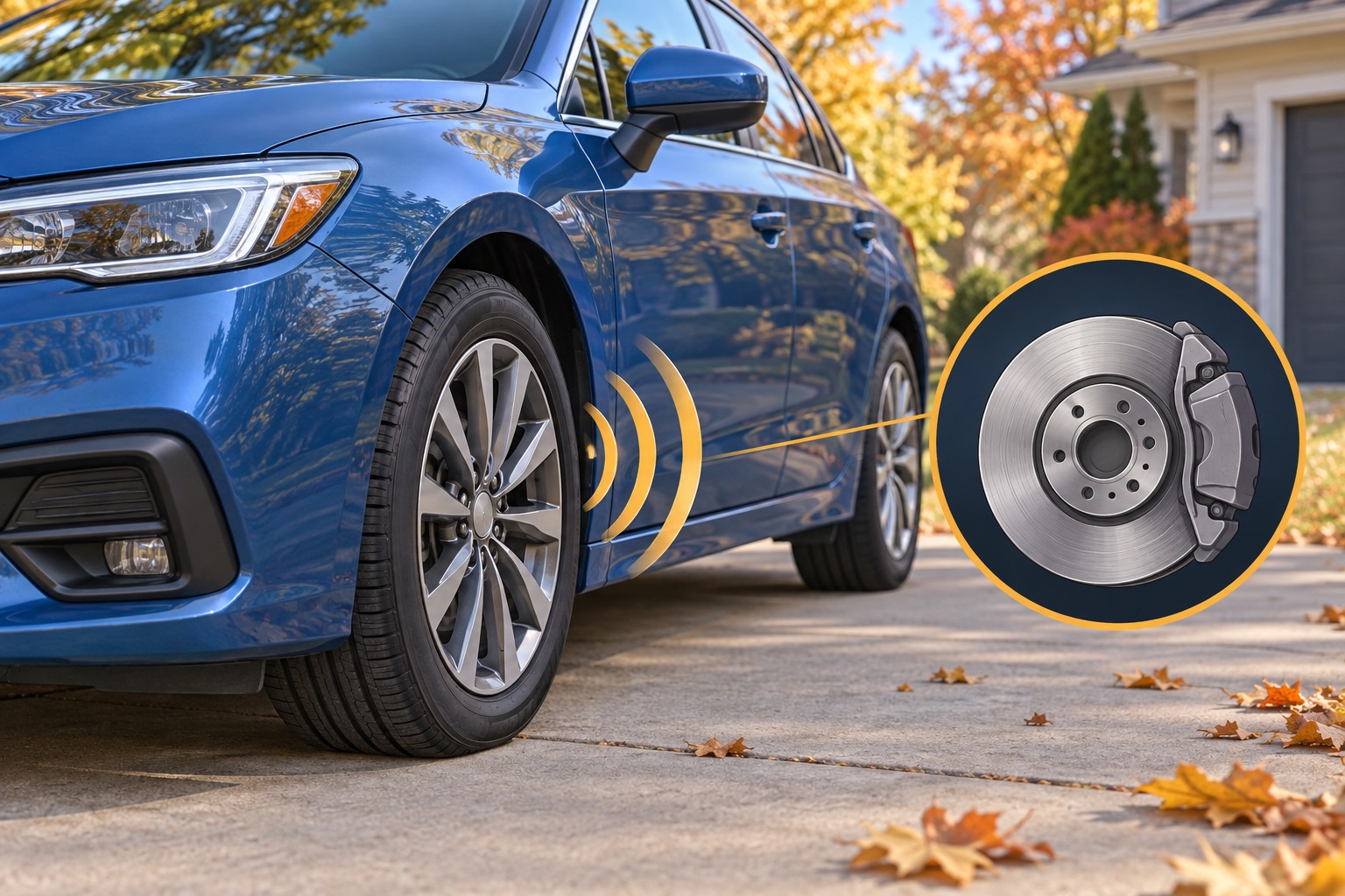 AI-generated illustration of a blue car with a sound-wave symbol near the front wheel and a brake illustration.