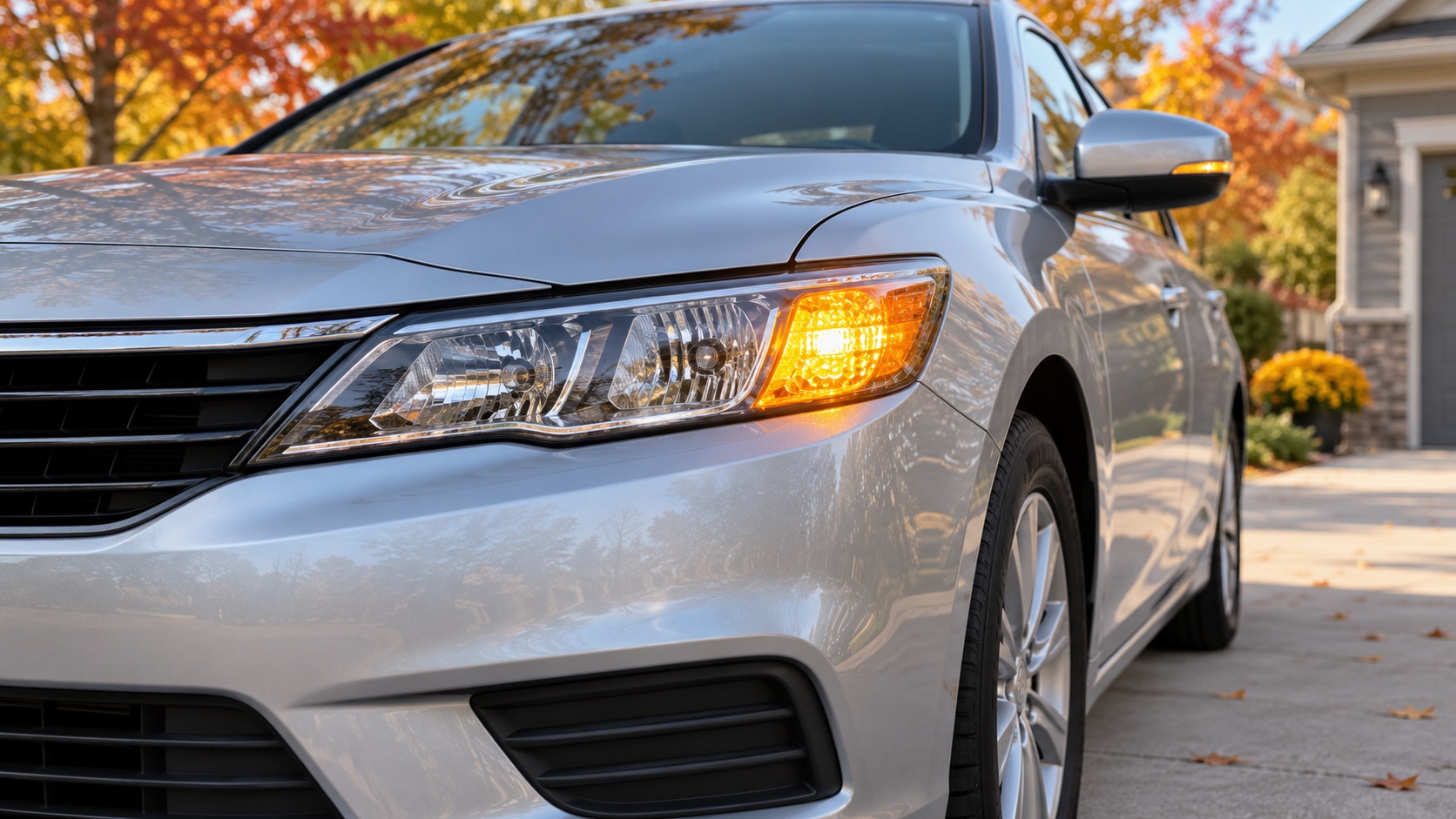 AI-generated illustration of an amber signal illuminated on a generic silver car parked in an autumn driveway.