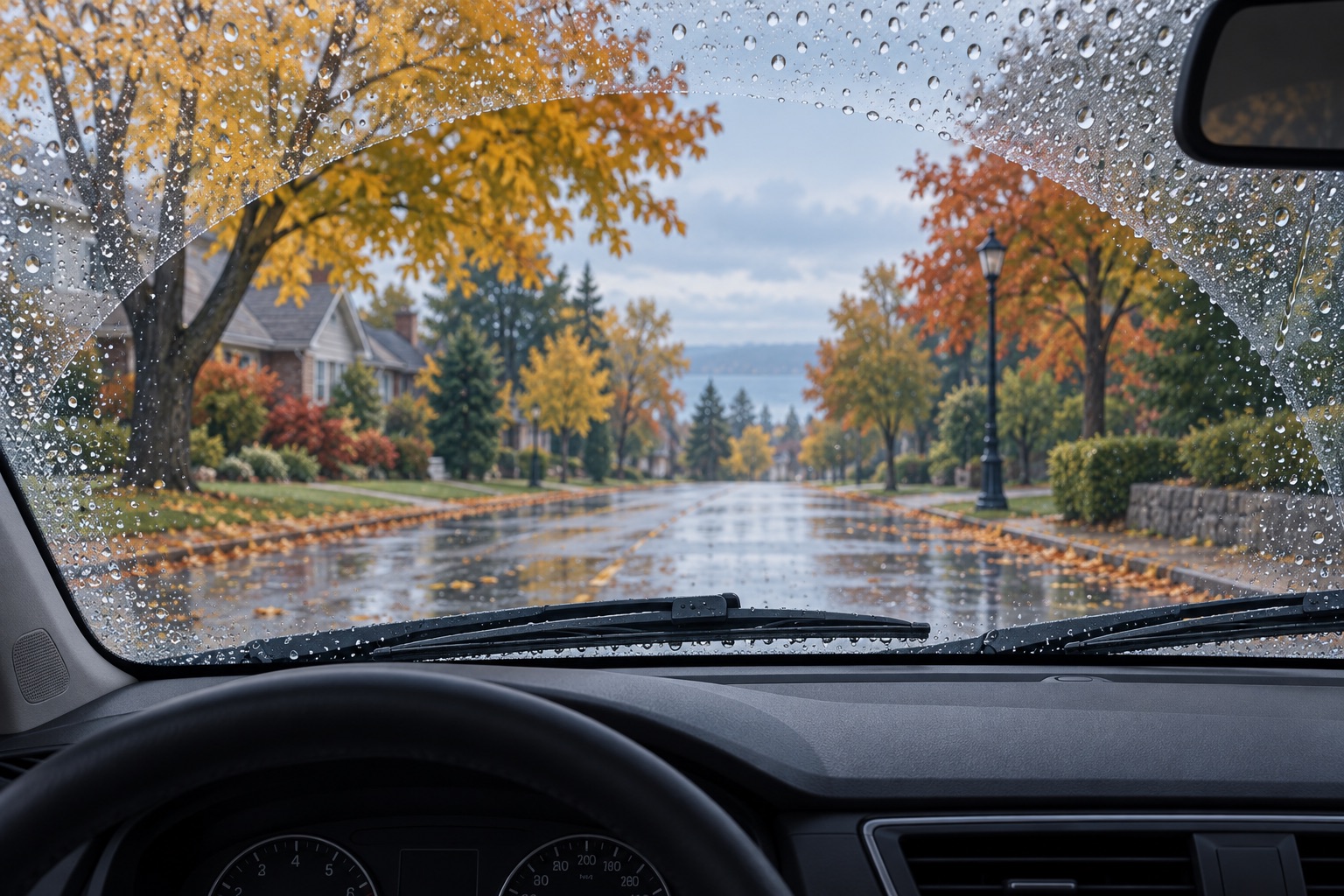 AI-generated illustration of rain on a car windshield overlooking a quiet autumn street.