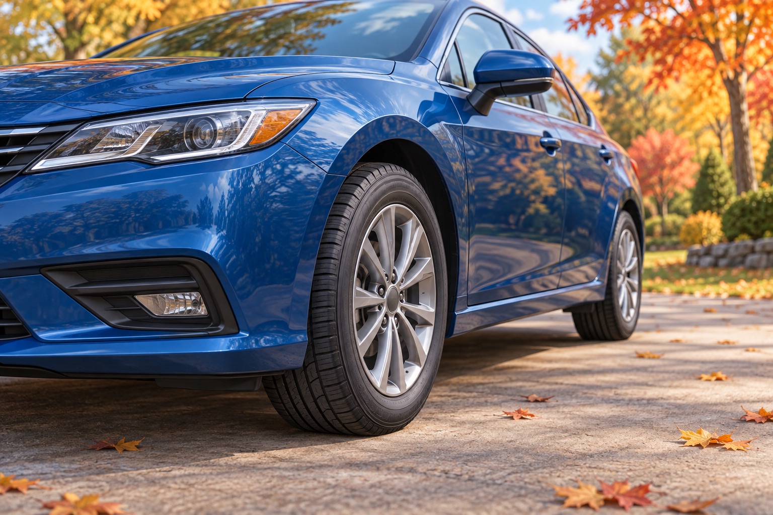 AI-generated illustration of a generic blue parked car emphasizing its front wheel and wheel arch.