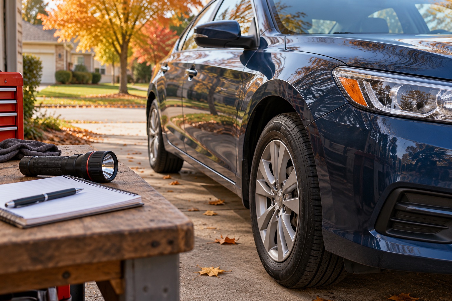 AI-generated illustration of a generic parked blue car with a notebook and flashlight; not a real shop or customer photograph.