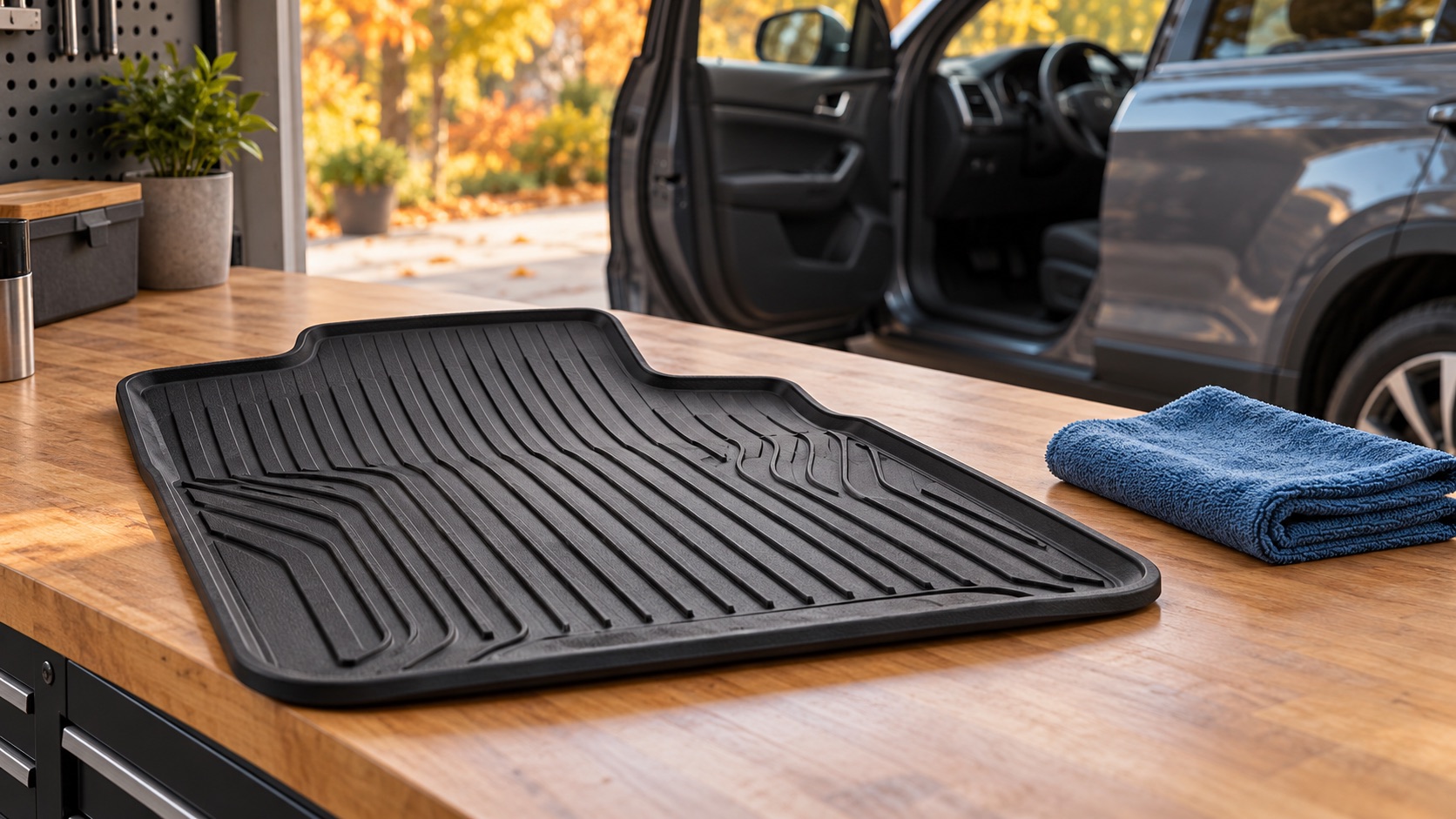 AI-generated illustration of a generic rubber floor mat on a workbench; not a vehicle fitment demonstration.