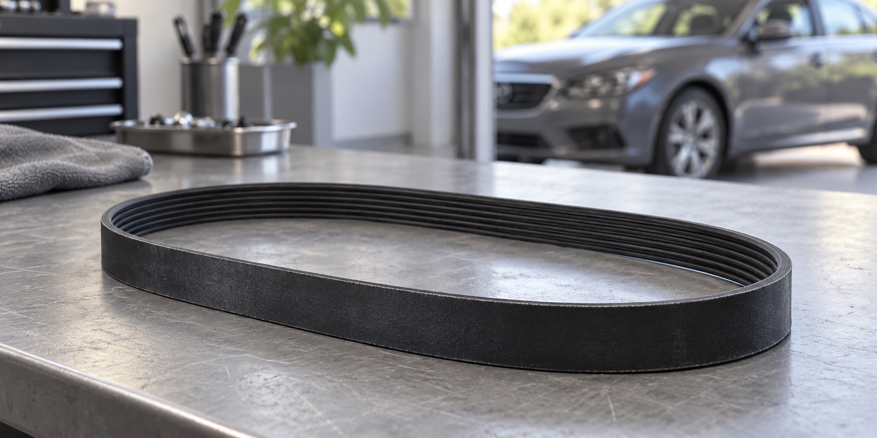 AI-generated illustration of a generic ribbed accessory belt resting on a workbench.