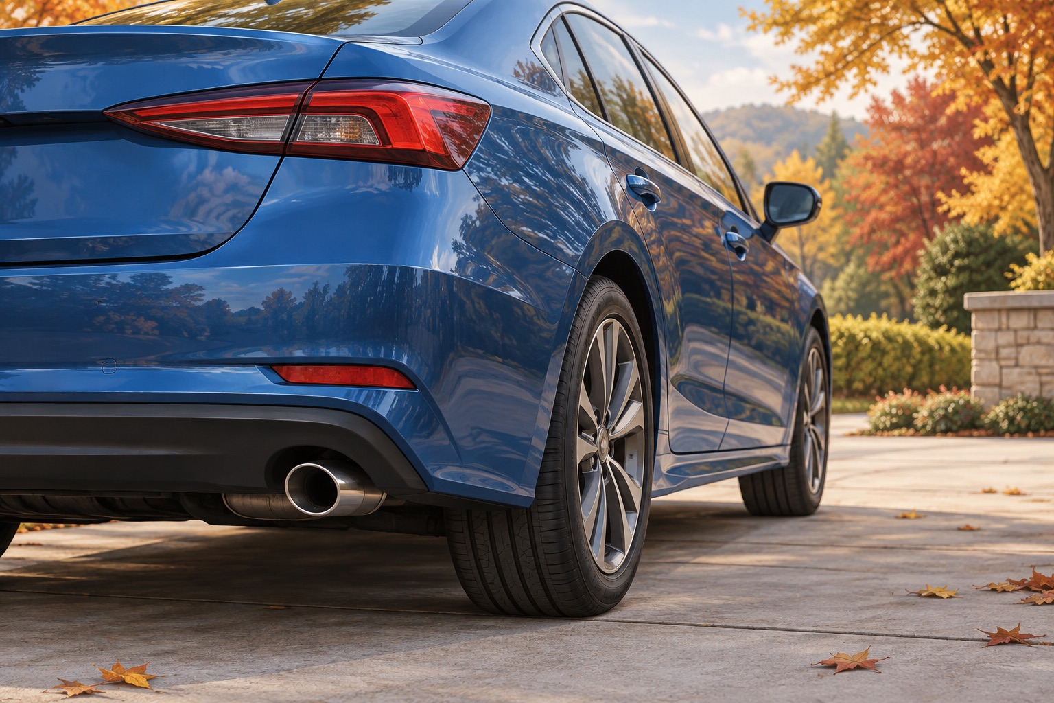 AI-generated illustration of the rear of a generic blue parked car with a visible exhaust tailpipe.