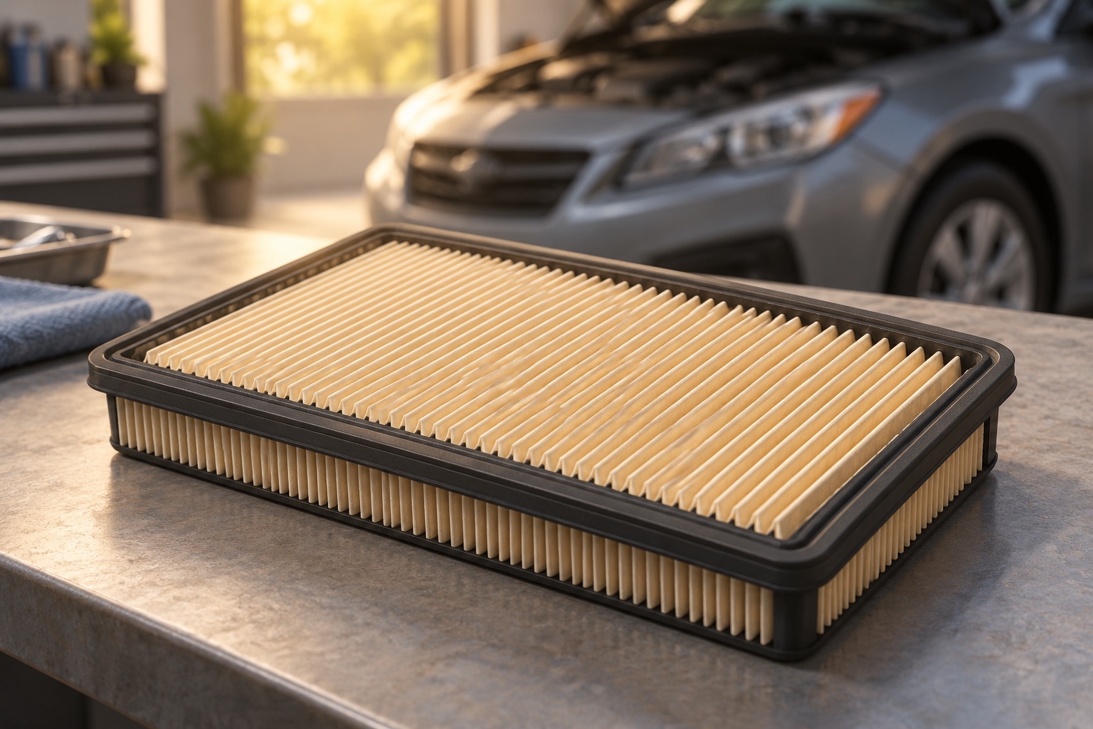AI-generated illustration of a generic pleated engine air filter on a workbench.