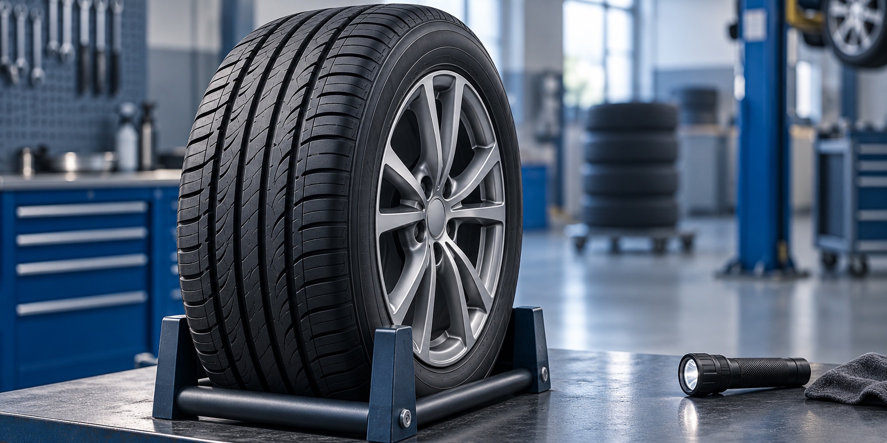AI-generated illustration of a tire and alloy wheel secured upright in a support cradle beside a flashlight.