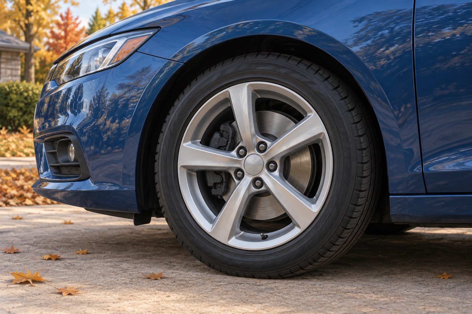 AI-generated illustration of a generic blue car wheel with brake components visible behind the spokes.