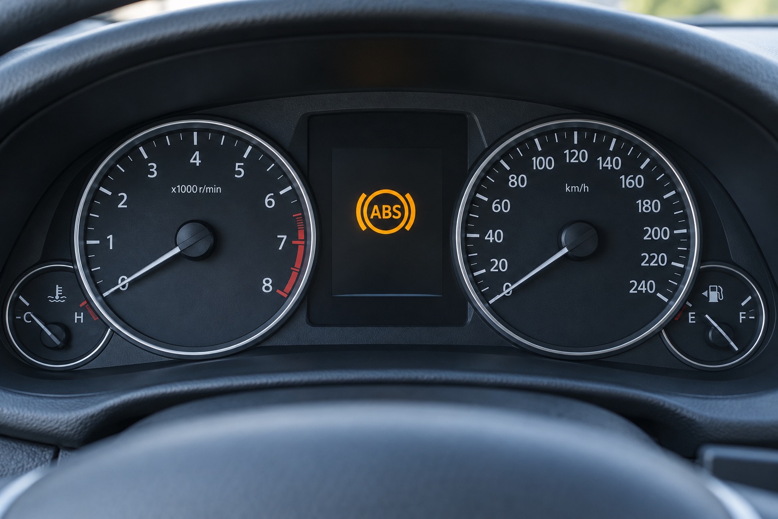 AI-generated illustration of an amber ABS warning on a generic parked vehicle dashboard.