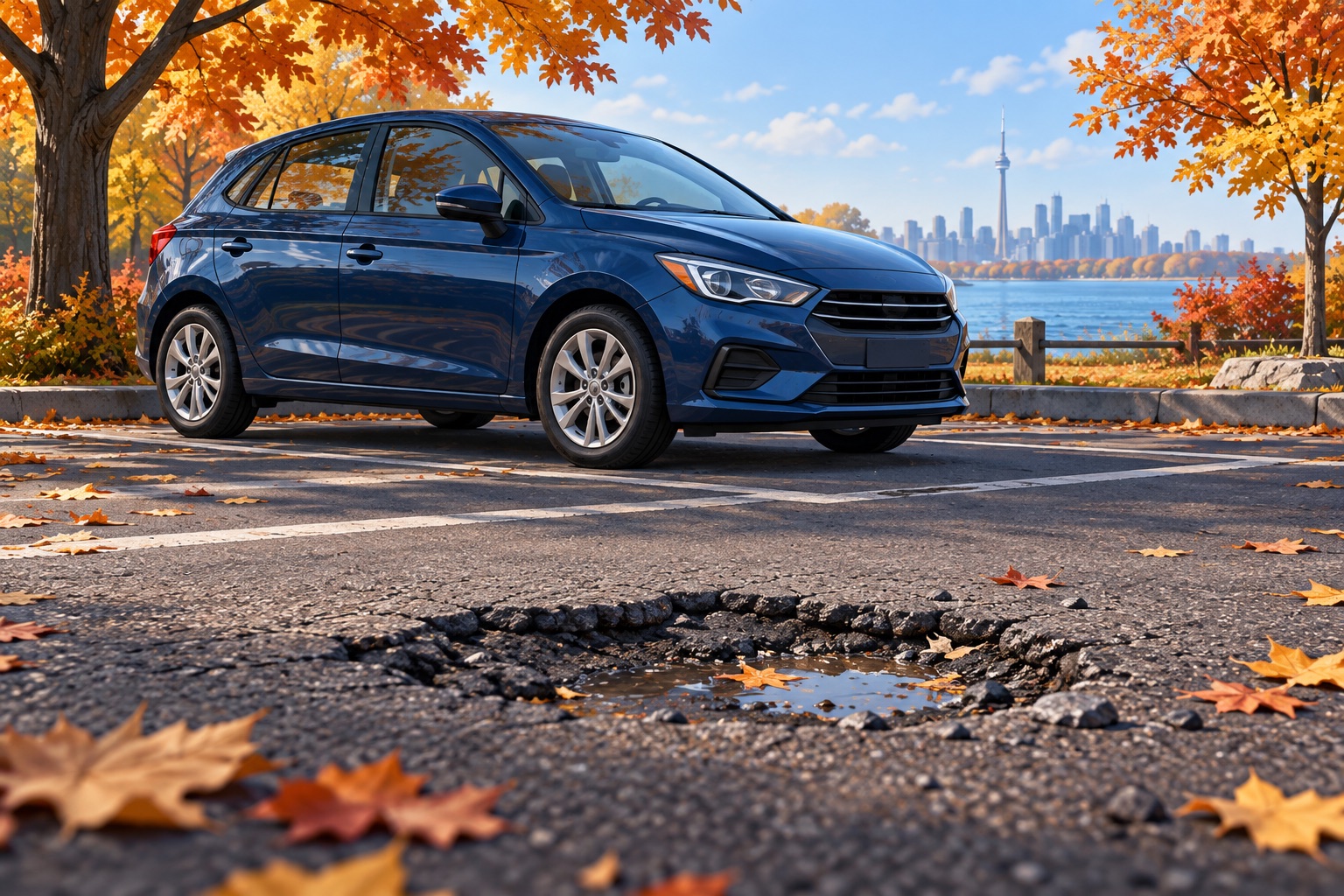 AI-generated illustration of a blue car parked in an autumn setting with a pothole in the foreground.