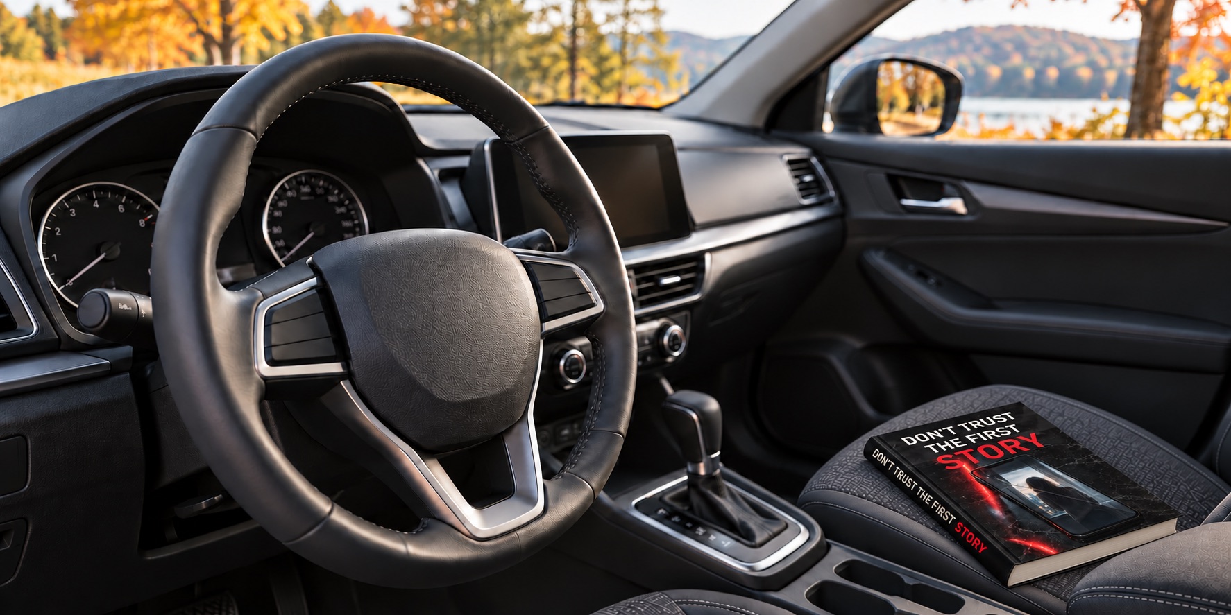 AI-generated illustration of a steering wheel and a copy of Don’t Trust the First Story lying flat on the passenger seat.