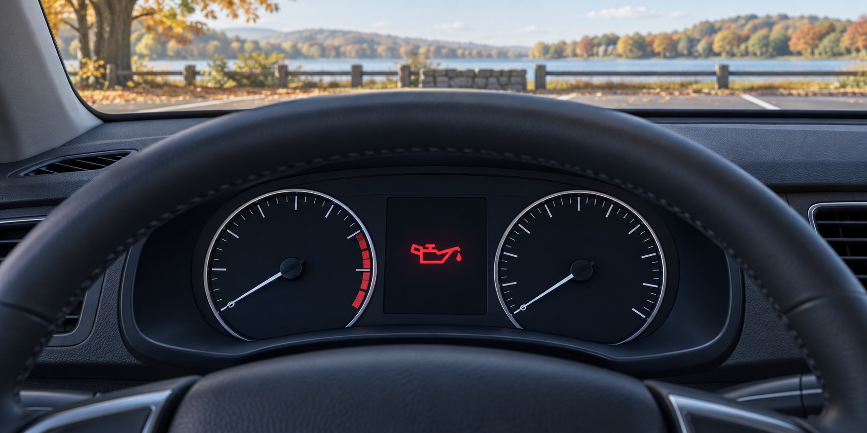 AI-generated conceptual illustration of an oil-can warning symbol on a generic parked-car dashboard.