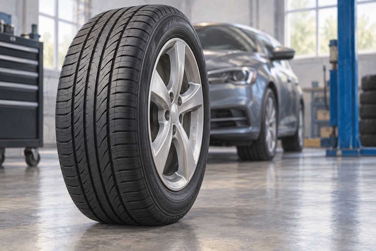 AI-generated illustration of a generic tire mounted on an alloy wheel in a workshop.