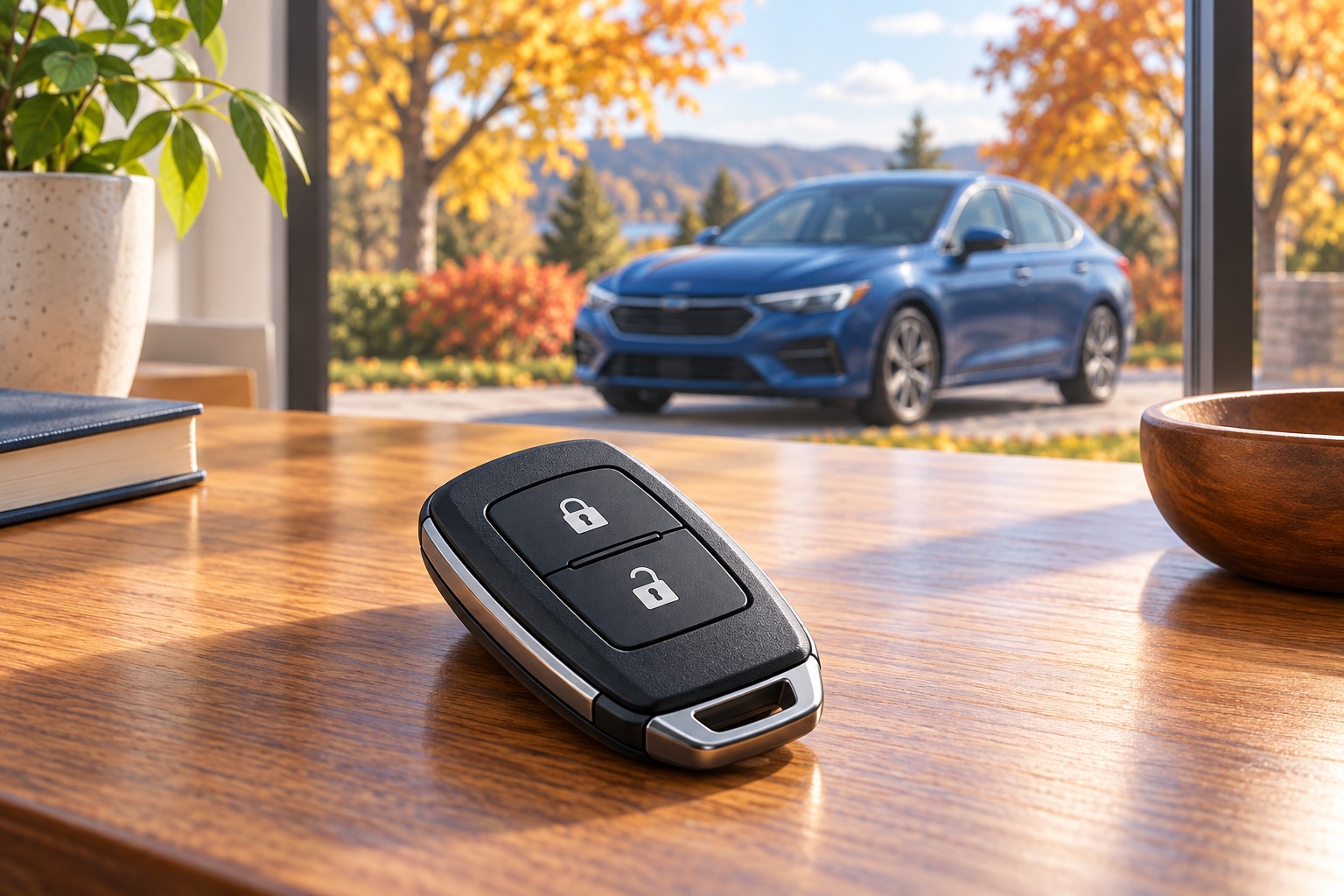 AI-generated illustration of an unbranded key remote on a table with a blue car outside an autumn window.