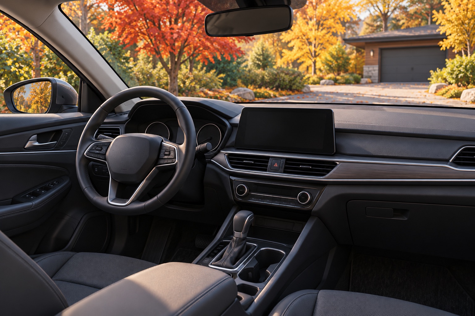 AI-generated illustration of a generic parked-car interior with autumn trees visible outside.