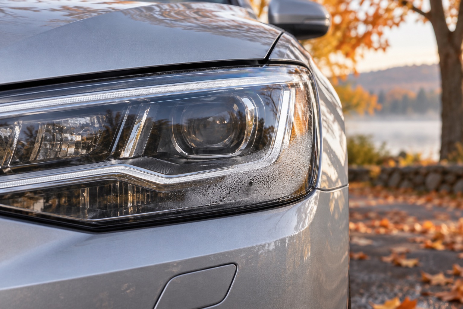 AI-generated illustration of condensation in a generic silver car headlamp on an autumn morning.