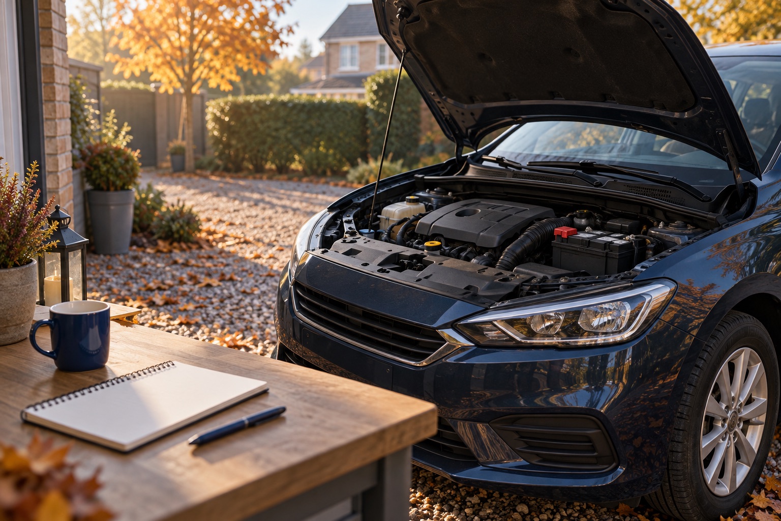 AI-generated illustration of a generic car parked in a driveway with its bonnet open and a notebook nearby.