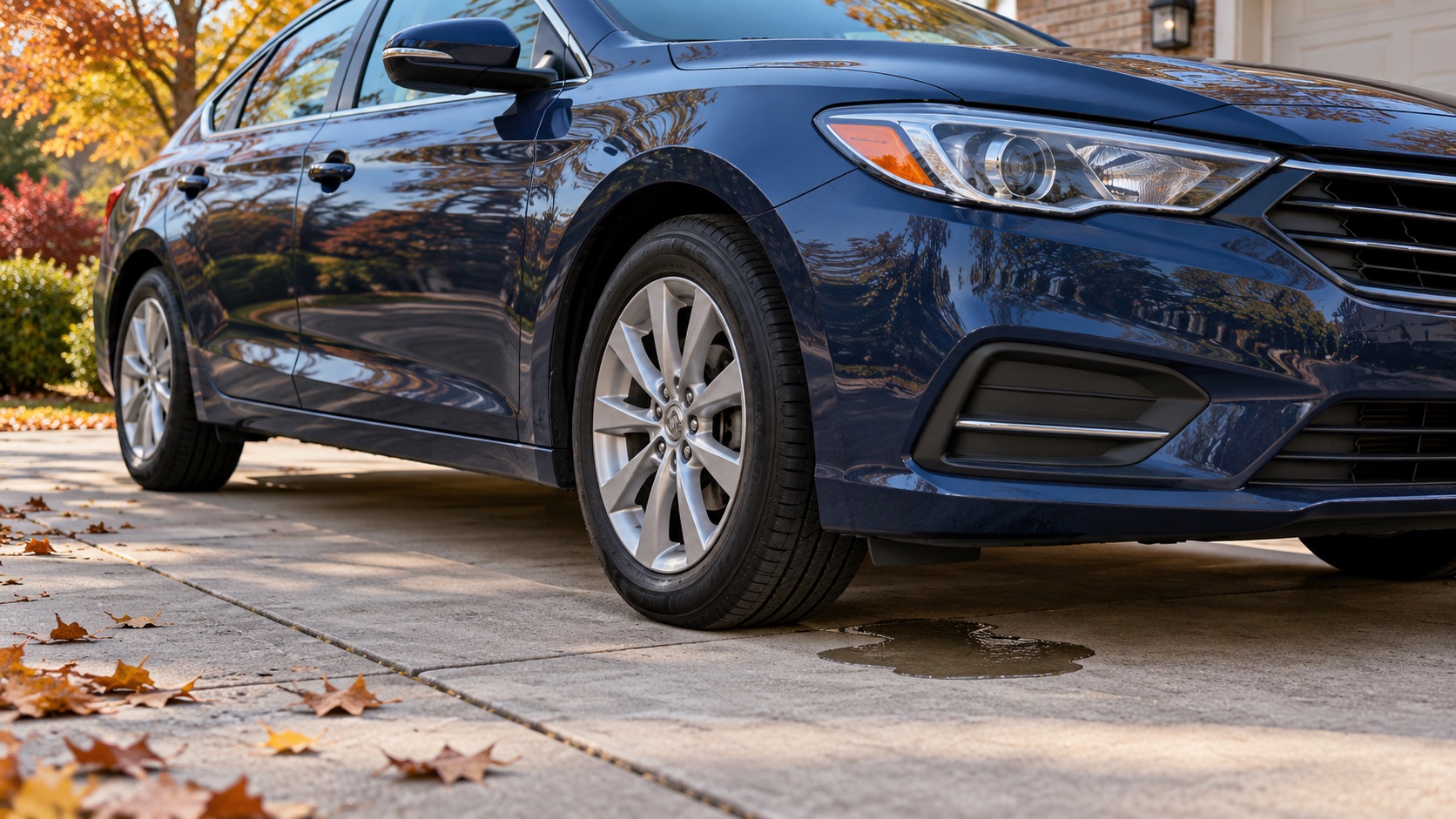 AI-generated illustration of a blue sedan parked beside a small damp patch on a driveway.