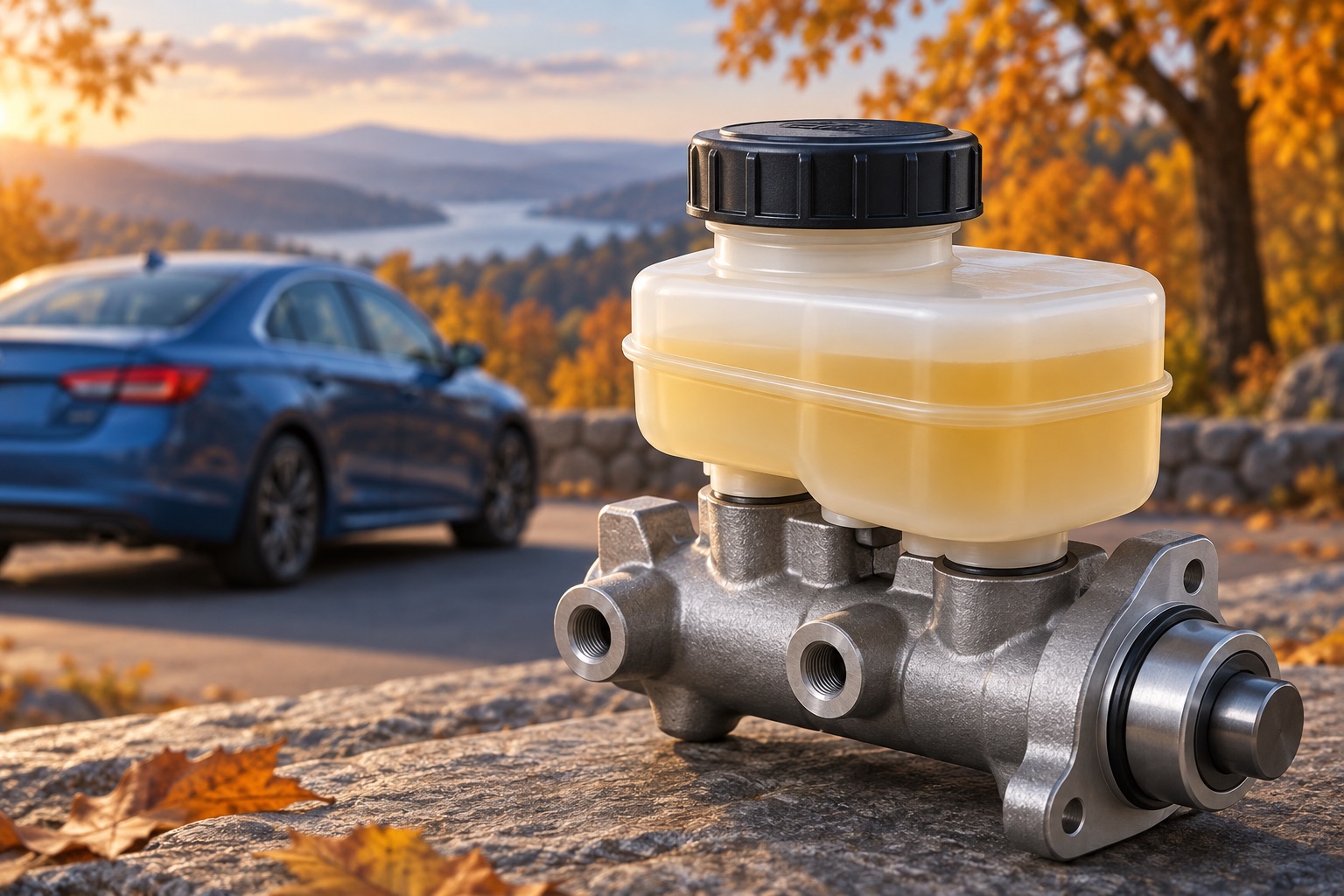 AI-generated conceptual illustration of a capped brake-fluid reservoir and master cylinder with a car in an autumn background.