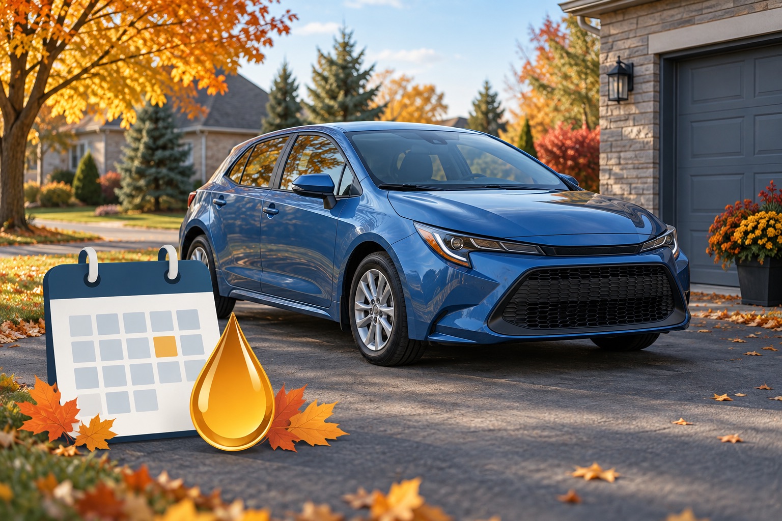 AI-generated illustration of a blue car on an autumn driveway with calendar and oil-drop symbols.