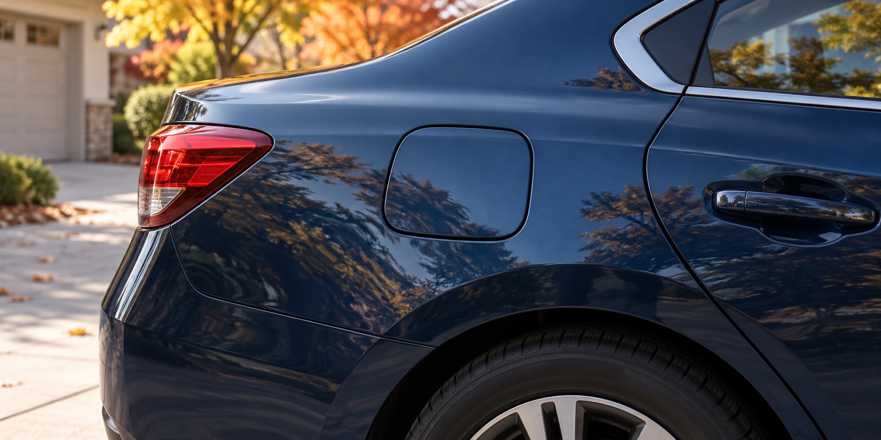AI-generated illustration of a blue parked car with its exterior fuel door closed on an autumn driveway.