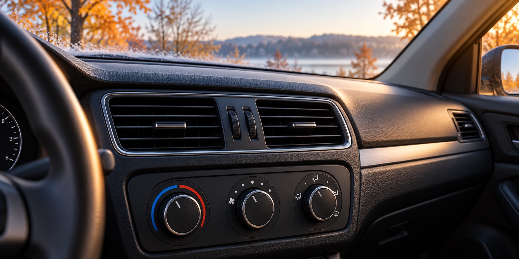 AI-generated illustration of generic car dashboard vents and climate-control knobs on an autumn morning.