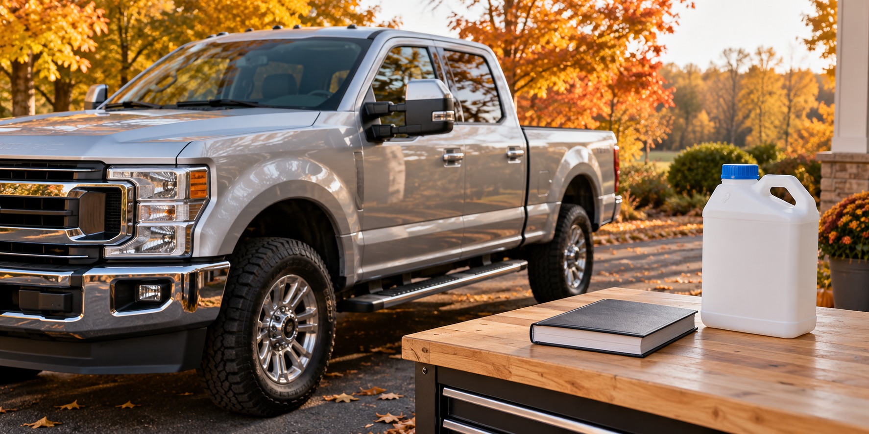 AI-generated illustration of a generic pickup beside a closed container and handbook, not a real shop photograph.