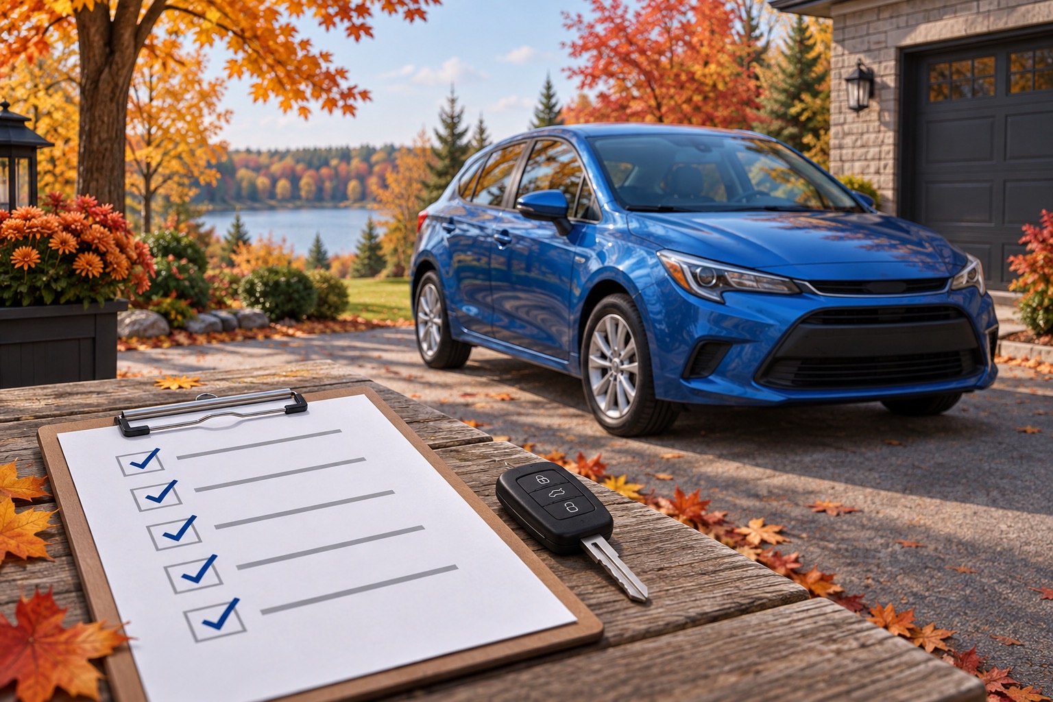 AI-generated illustration of a blue car in an autumn driveway with a checklist and key in the foreground.