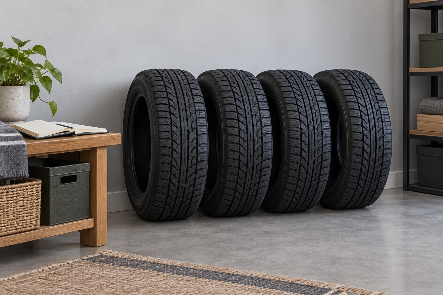 AI-generated illustration of four unmounted tires standing upright in a clean indoor storage space.