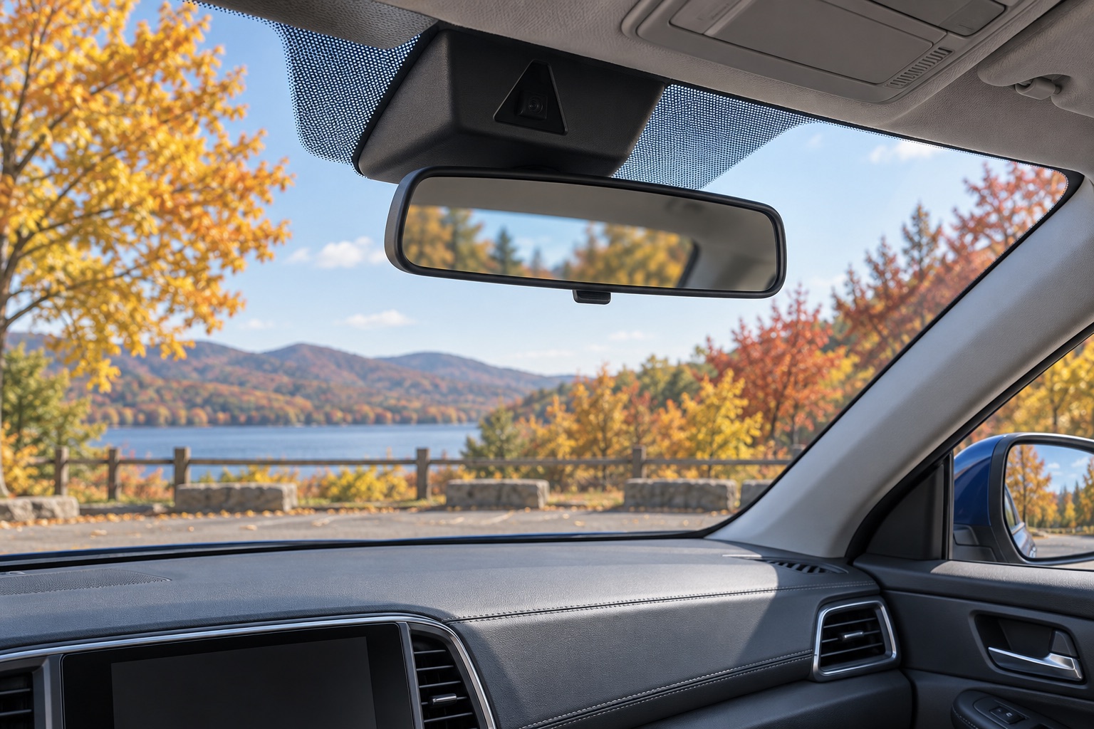 AI-generated conceptual illustration of a windshield, rearview mirror and camera housing in a parked car.