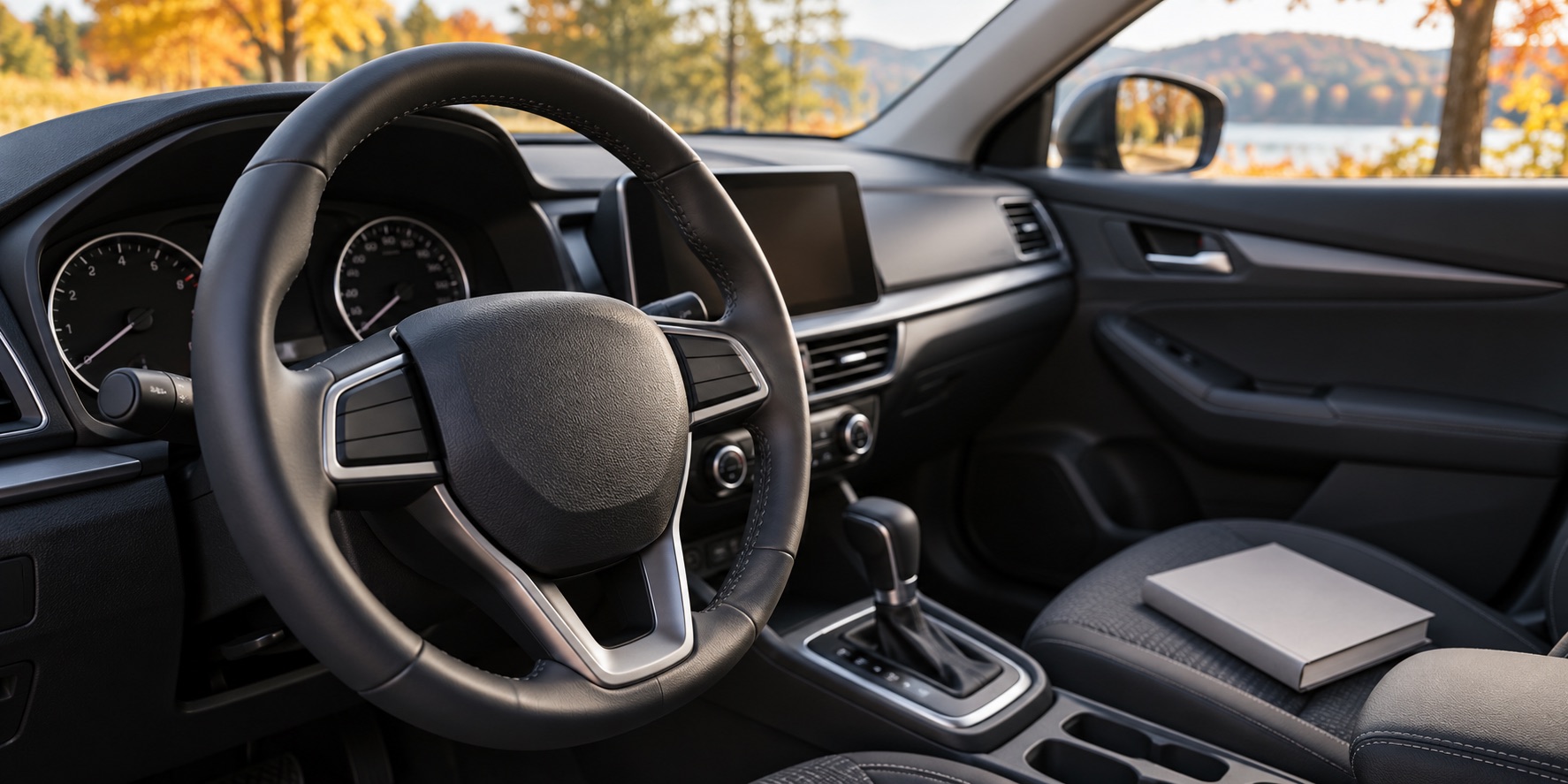 AI-generated illustration of a generic steering wheel and closed handbook inside a parked car.