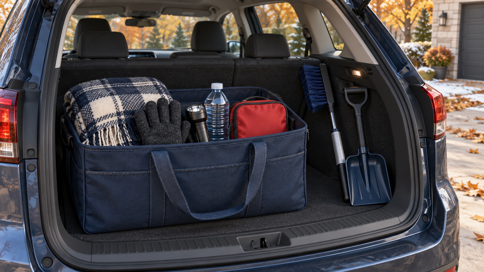 AI-generated illustration of emergency supplies in the cargo area of a generic parked hatchback.