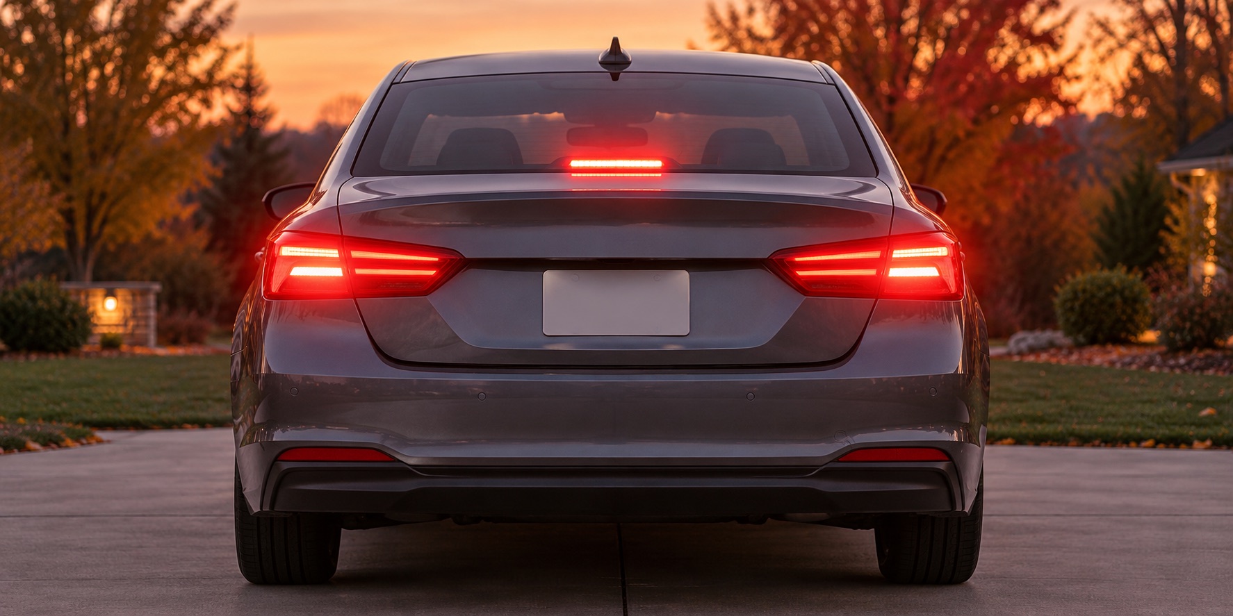 AI-generated illustration of the rear of a grey sedan with illuminated brake lamps on an autumn driveway.