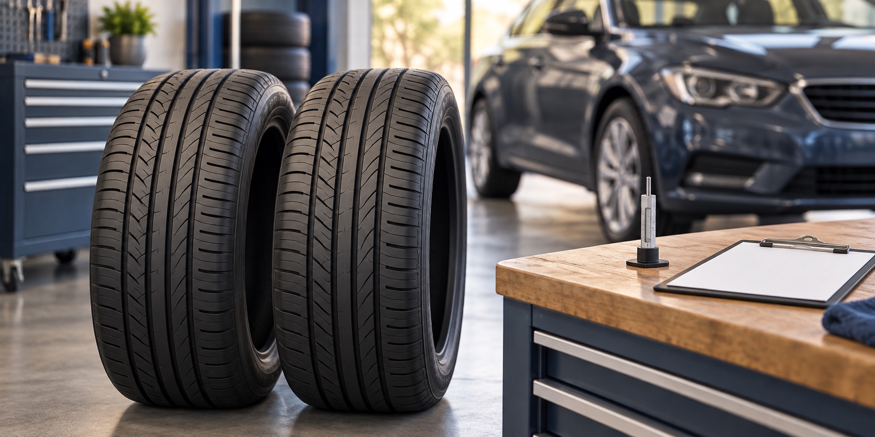 AI-generated illustration of tires and inspection equipment in a generic workshop.