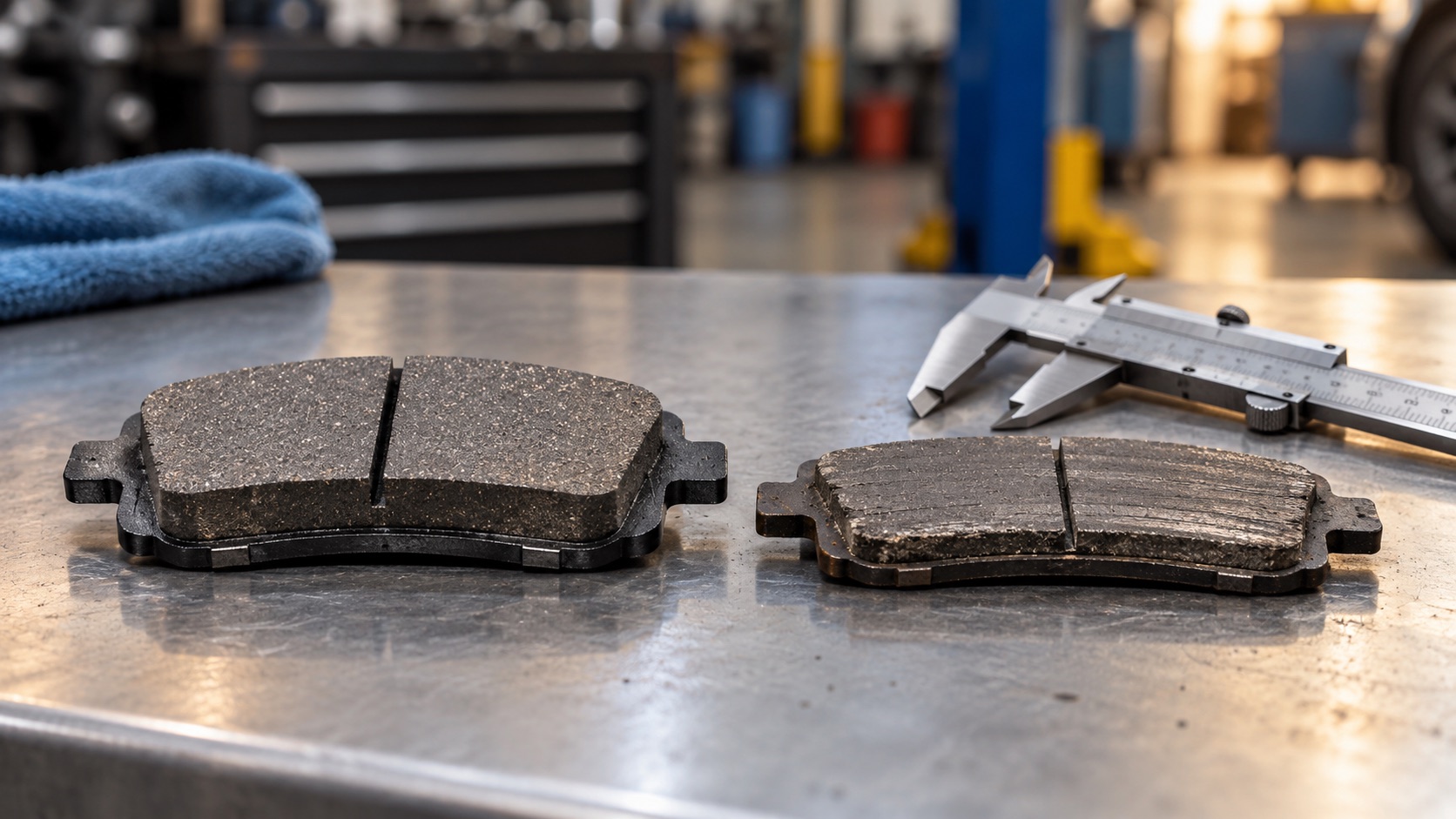 AI-generated illustrative comparison of generic brake pads on a workbench, not an actual wear measurement.