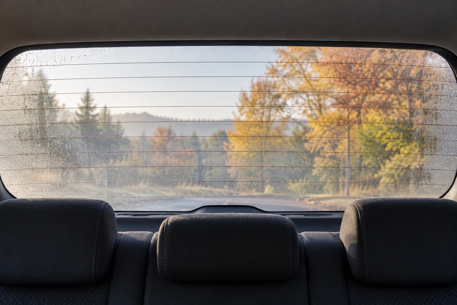 AI-generated illustration of a misted rear window with horizontal heating lines.