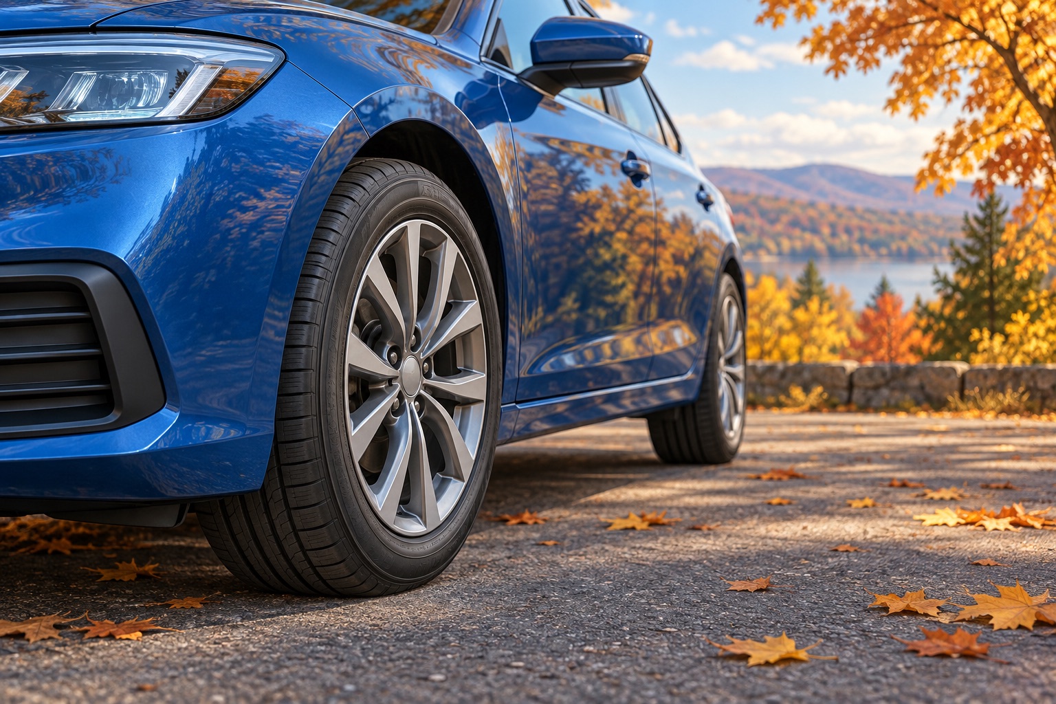 AI-generated illustration of the front tire and wheel of a parked blue car in an autumn setting.