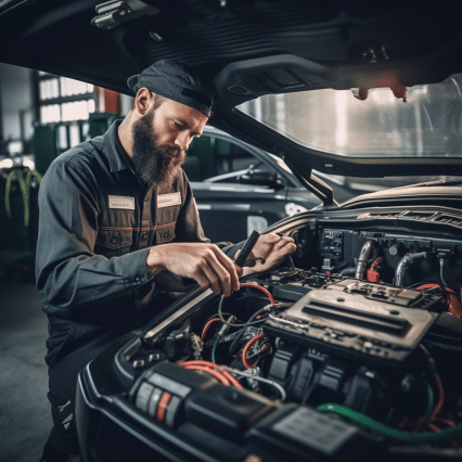 A_car_mechanic_performing_a_battery_test