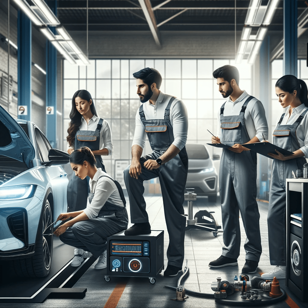 an Engaging and Professional Image for an 'about Us' Page of an Auto Repair Shop. the Scene Depicts a Modern, Well-lit Garage with Advanced Automotive